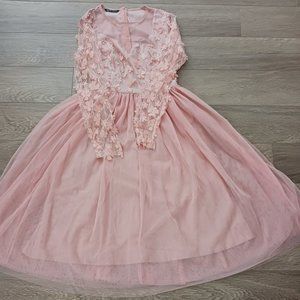 SHEIN  light orange midi round neck long sleeve flare dress -size small